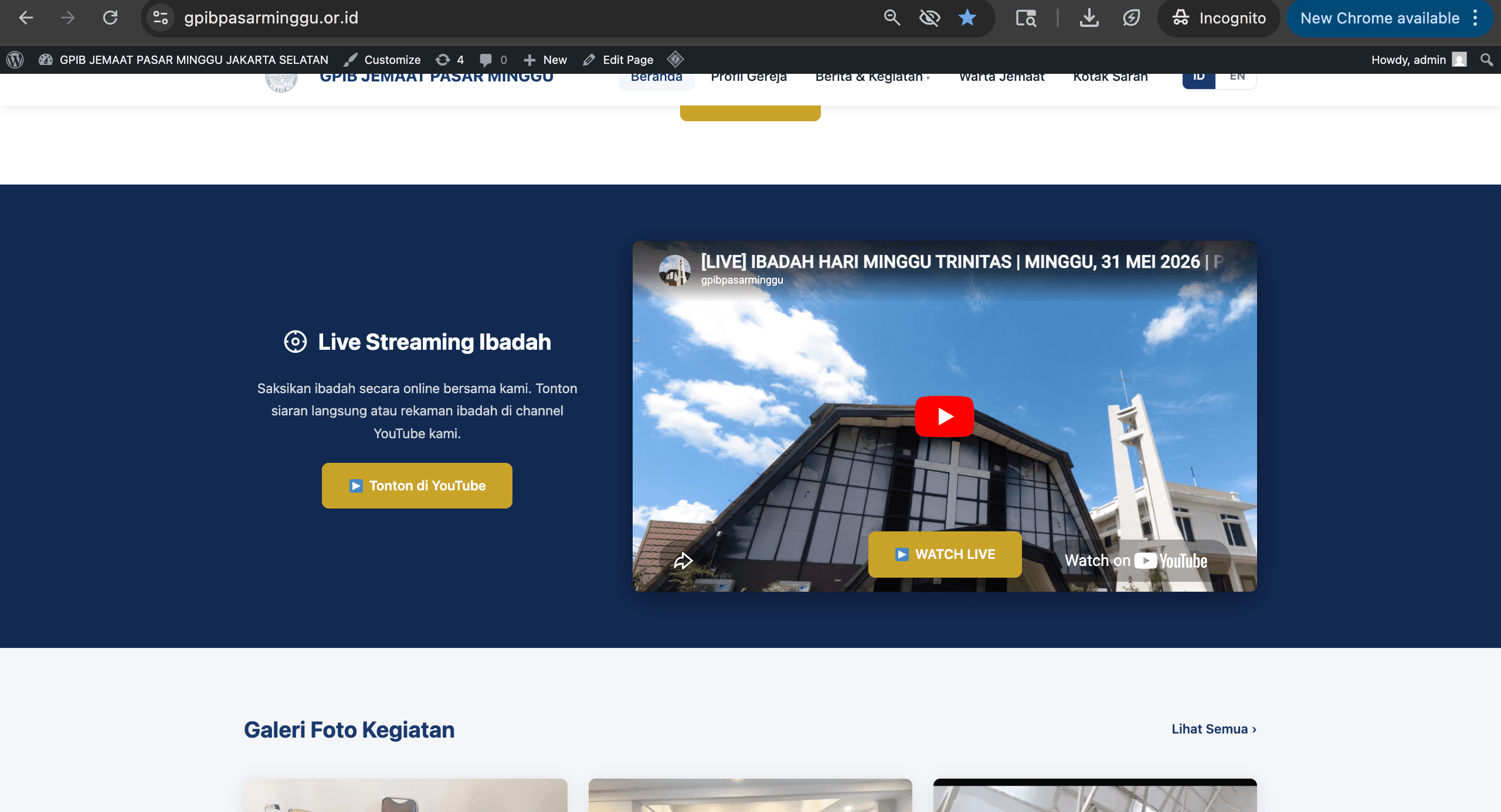 Contoh website gereja buatan SSI - Live Streaming Ibadah